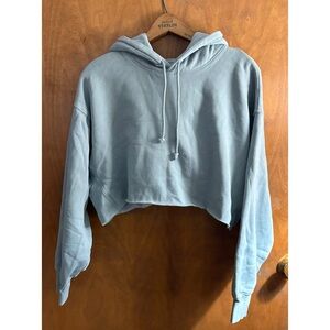 Aritzia TNA Blue Cozy AF Fleece Cropped Boyfriend Hoodie Sweatshirt Oversized